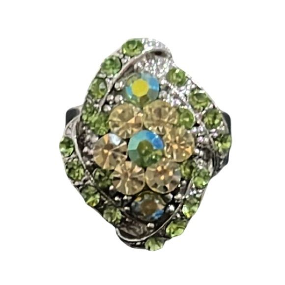 Vintage Jewelry - Vintage Silver Floral Ring with A&B Green and Yellow Crystals Accents